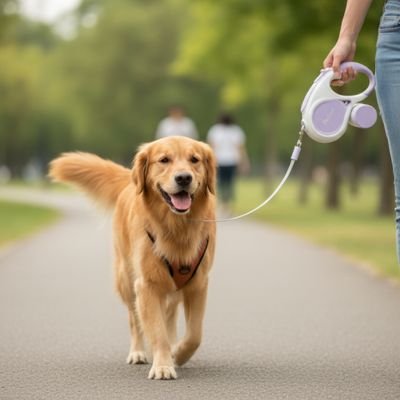 Golden retriever marchant dans un parc avec une laisse chien enrouleur tenue par son propriétaire.
