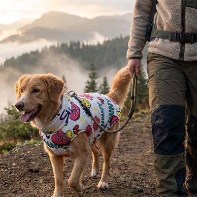 Golden retriever portant un manteau chien coloré à motifs fruits lors d’une randonnée en montagne.