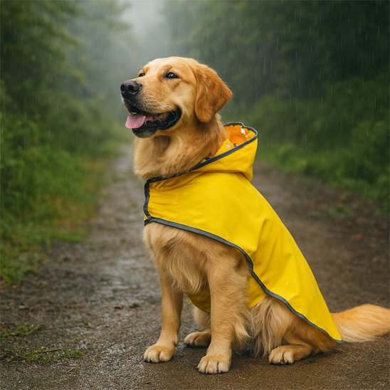 Golden Retriever portant un manteau chien jaune avec capuche, assis sur un chemin humide entouré de verdure.
