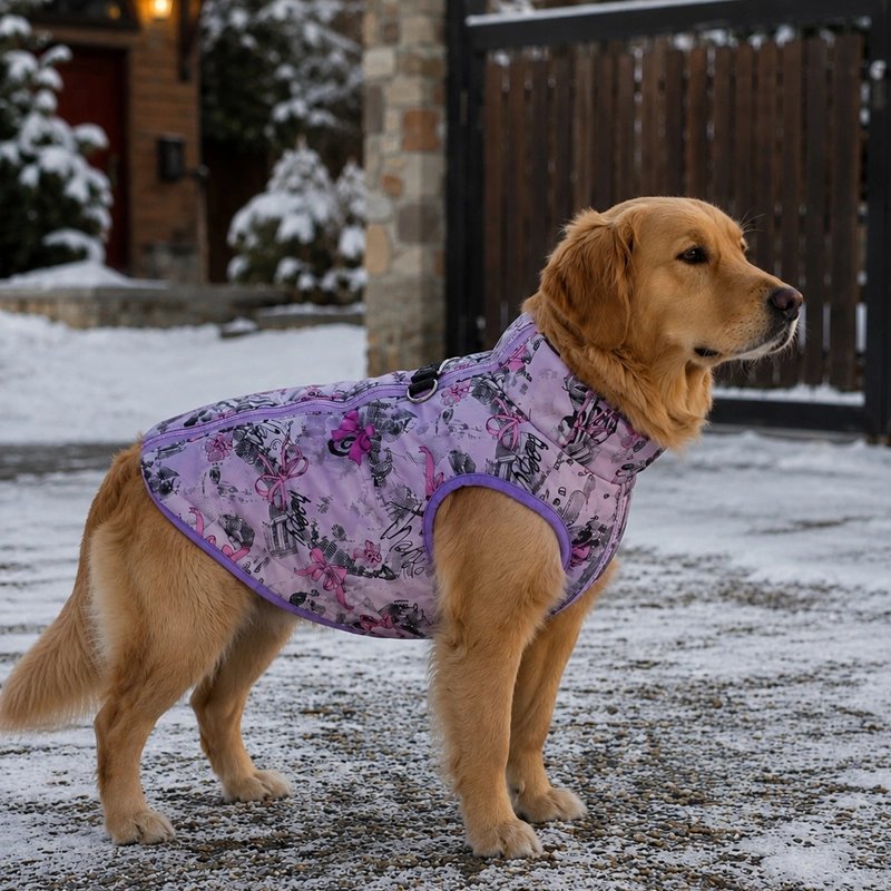 Golden retriever portant un manteau pour chien violet à motifs noirs et roses dans un décor enneigé.
