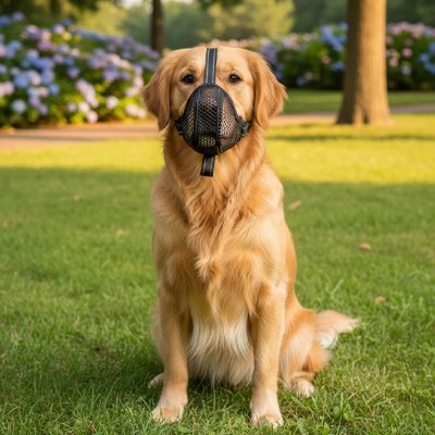 “Golden Retriever portant une muselière pour chien en promenade dans un parc.