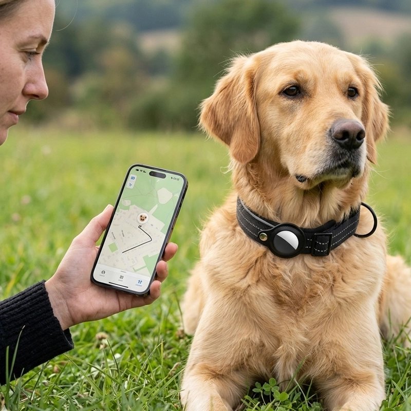 Golden Retriever sur l’herbe portant un collier chien noir avec traceur, près d’une personne utilisant une app de localisation.