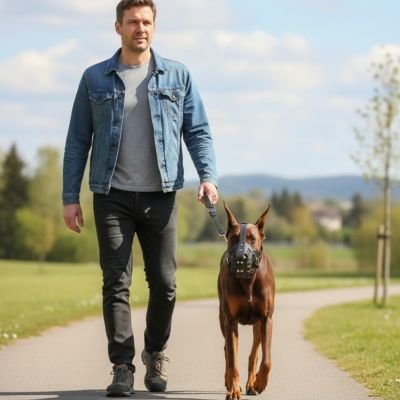 Grand chien brun équipé d’une muselière pour chien pendant une balade.