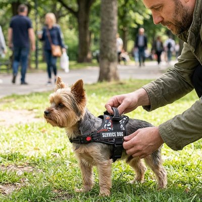 Harnais chien graffiti blanc ajusté sur un Yorkshire Terrier par son maître