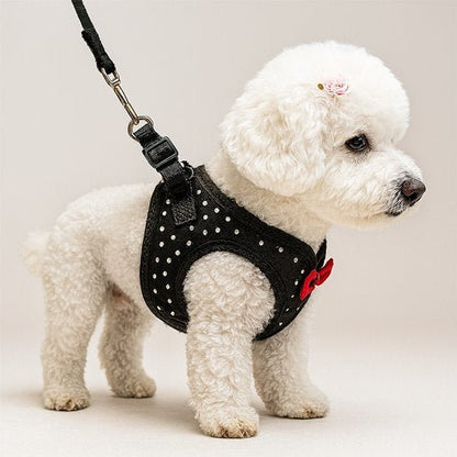 Un chien blanc duveteux porte le Harnais Petit Chien Stylé | MiniGlam, un harnais noir avec des pois blancs et un nœud rouge, ainsi qu'un accessoire en forme de fleur rose sur sa tête, tout en se tenant en laisse.