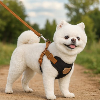 Harnais pour petit chien noir porté par un chien blanc debout dans un sentier