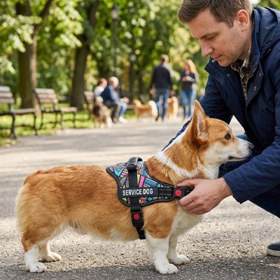 Homme réglant le harnais chien style Mosaic sur son petit chien pour un ajustement parfait