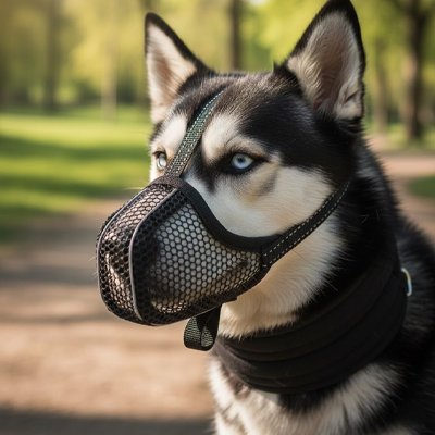 Husky équipé d’une muselière pour chien lors d’une sortie en plein air.