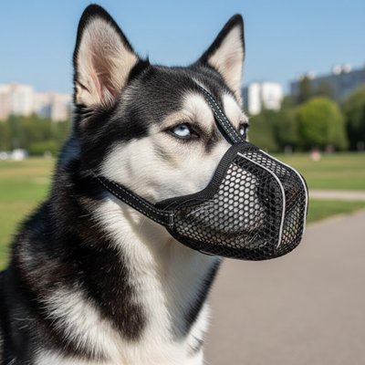 Husky portant une muselière pour chien dans un parc urbain.