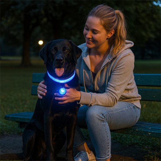 Labrador portant un collier lumineux pour chien bleu lors d’une promenade nocturne.