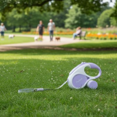 Laisse chien enrouleur posée dans l’herbe d’un parc, avec des personnes promenant leur chien en arrière‑plan.