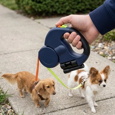 Laisse double pour chien rétractable bleue promenant Teckel et Papillon
