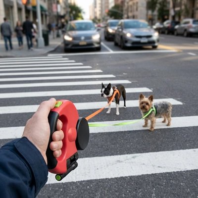 Laisse double pour chien rétractable rouge tenue en main devant un passage piéton avec deux chiens