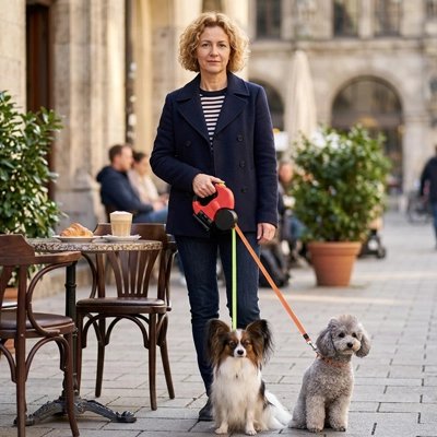 Laisse double pour chien rétractable rouge utilisée par une femme avec deux petits chiens