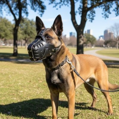 Malinois portant une muselière pour chien noire lors d’une promenade en parc.