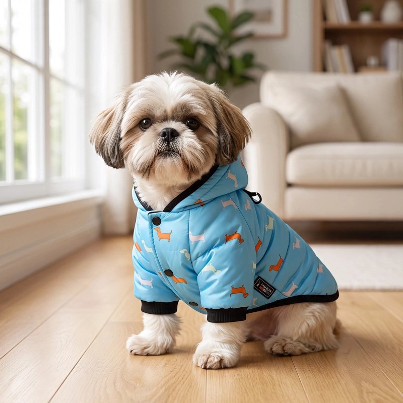 Manteau chien bleu décoré de silhouettes colorées porté par un petit chien dans un salon lumineux.