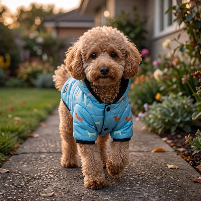 Manteau chien bleu pastel avec motifs colorés porté par un petit chien marchant dans un jardin fleuri.