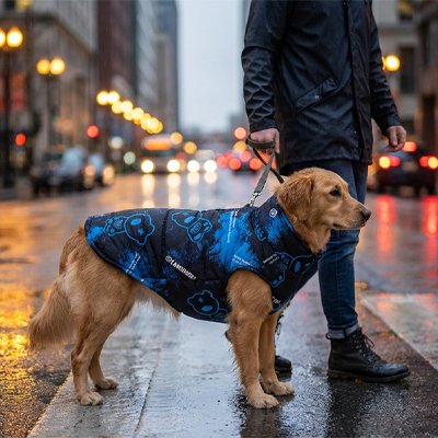 “Manteau chien bleu porté par un golden retriever marchant en ville sous la pluie, avec motifs sombres et ambiance urbaine nocturne.