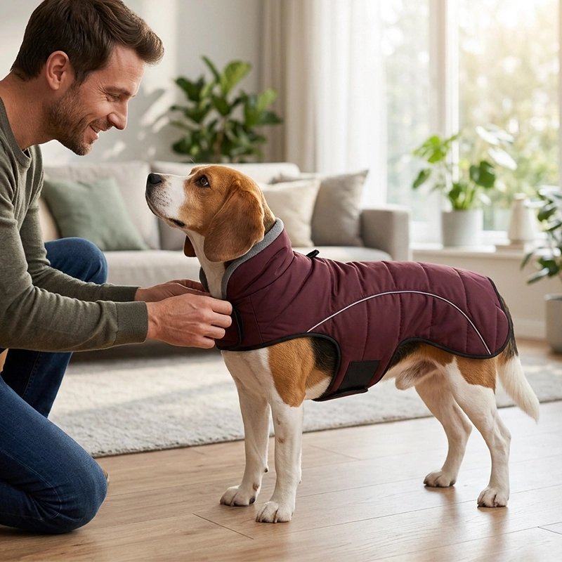 Manteau chien bordeaux ajusté sur un beagle, attaché par une personne dans un salon lumineux.
