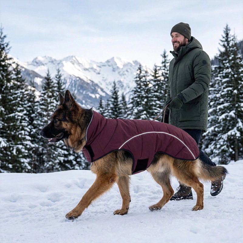 Manteau chien bordeaux avec bandes réfléchissantes porté par un berger allemand en balade dans la neige.