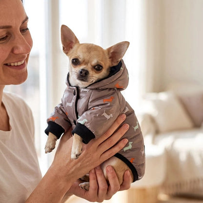 Manteau chien brun matelassé avec motifs colorés porté par un chihuahua dans un intérieur chaleureux.