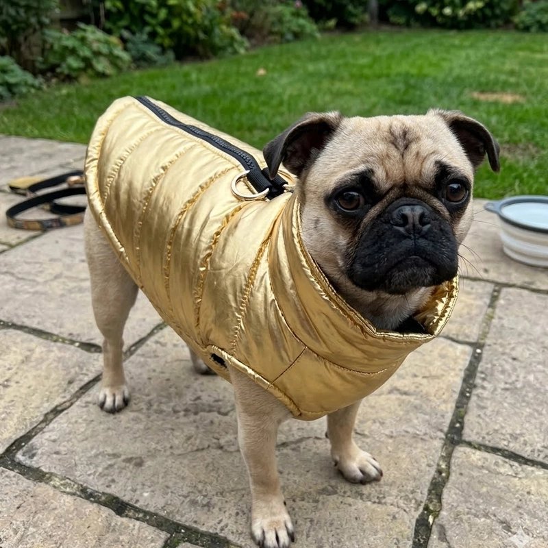 Manteau Chien doré porté par un pug sur une terrasse extérieure