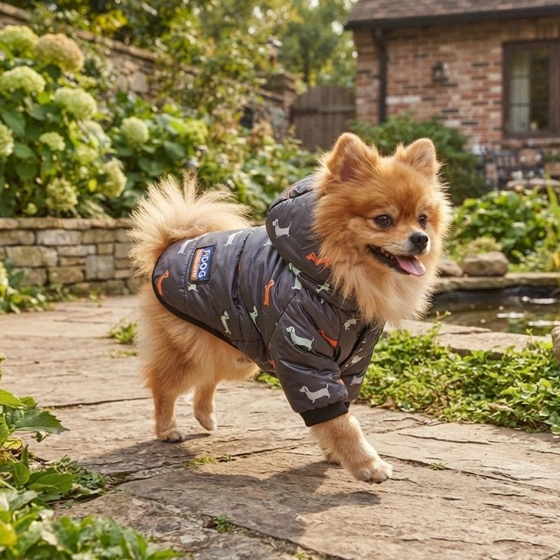 Manteau chien gris à capuche avec motifs teckels porté par un petit chien dans un jardin.