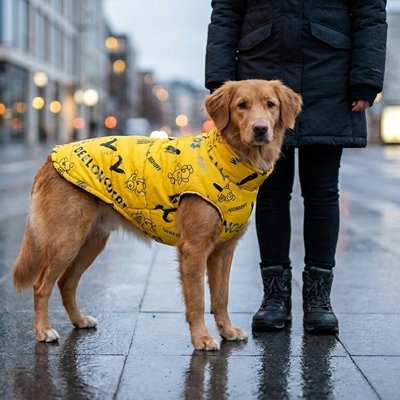 Manteau chien jaune avec motifs noirs porté par un golden retriever sur une rue mouillée en ville, ambiance pluvieuse et urbaine