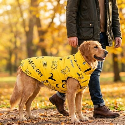 Manteau chien jaune décoré de dessins noirs porté par un golden retriever en promenade dans un parc aux couleurs d’automne.