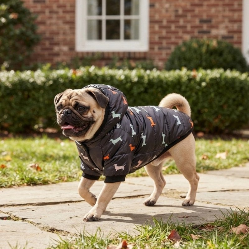 Manteau chien noir à capuche avec silhouettes colorées porté par un carlin sur un chemin extérieur.
