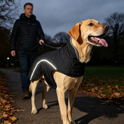 Manteau chien noir avec bande réfléchissante porté par un labrador en promenade au crépuscule.