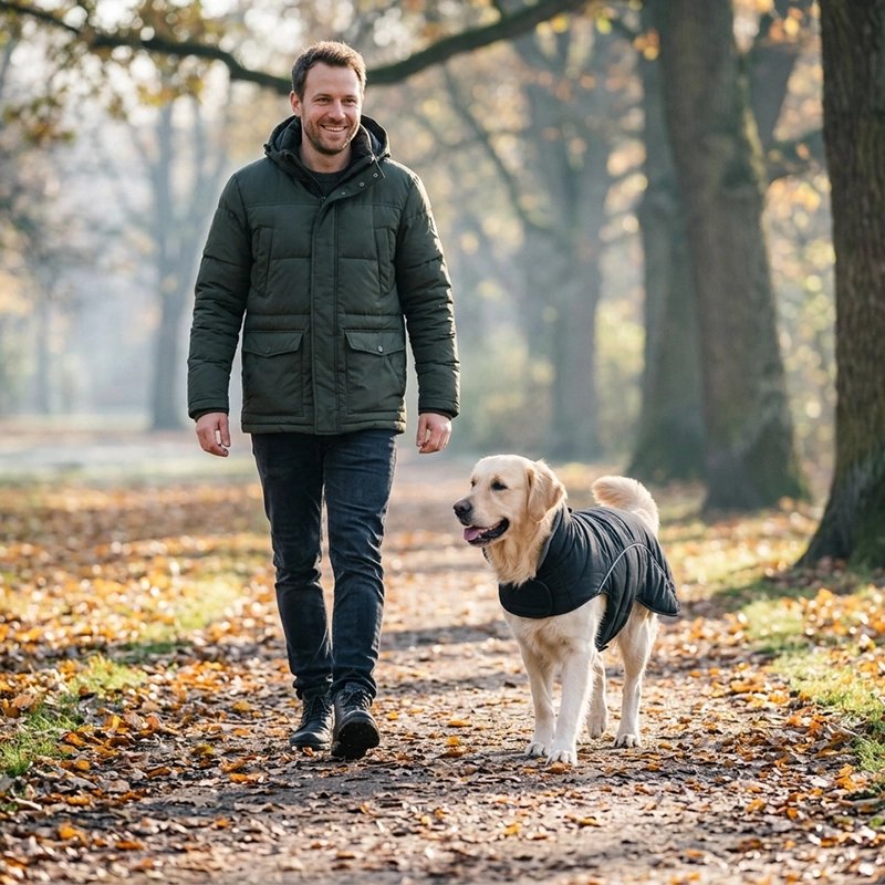 Manteau chien noir porté par un golden retriever marchant sur un chemin couvert de feuilles d’automne.