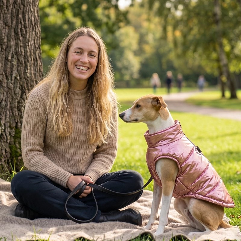 Manteau Chien rose porté par un chien assis près d’une personne au parc