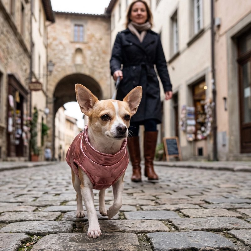 Manteau Chien rose sur un petit chien marchant dans une rue pavée