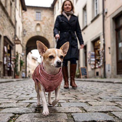 Manteau Chien rose sur un petit chien marchant dans une rue pavée