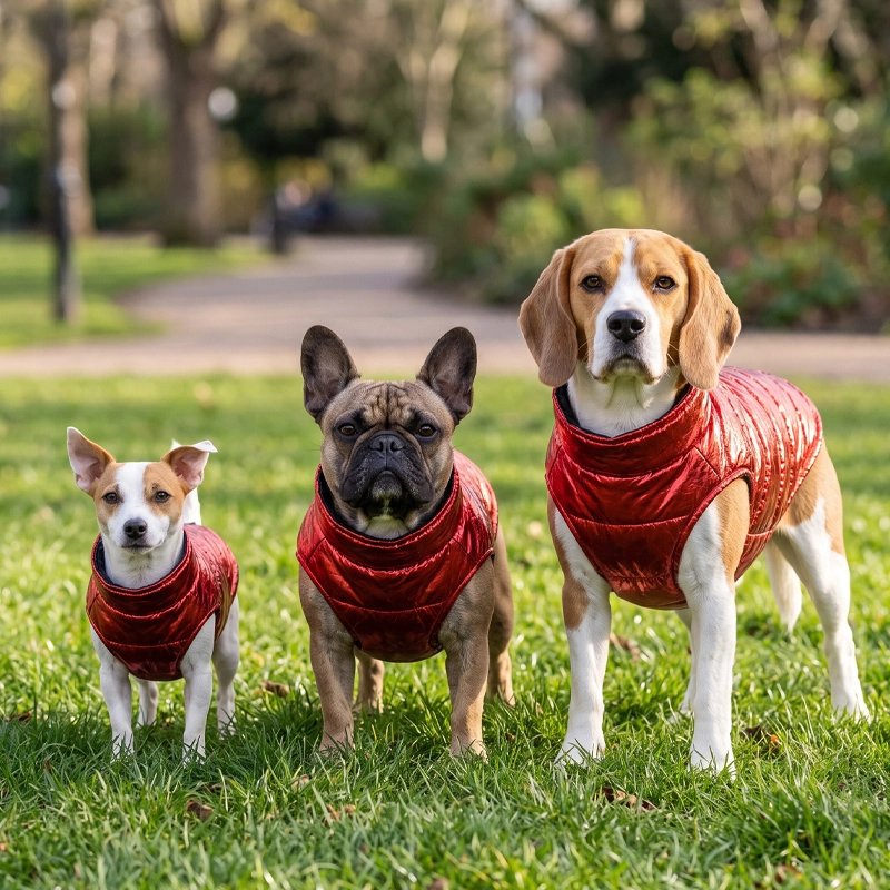 Manteau Chien rouge porté par trois chiens dans un parc
