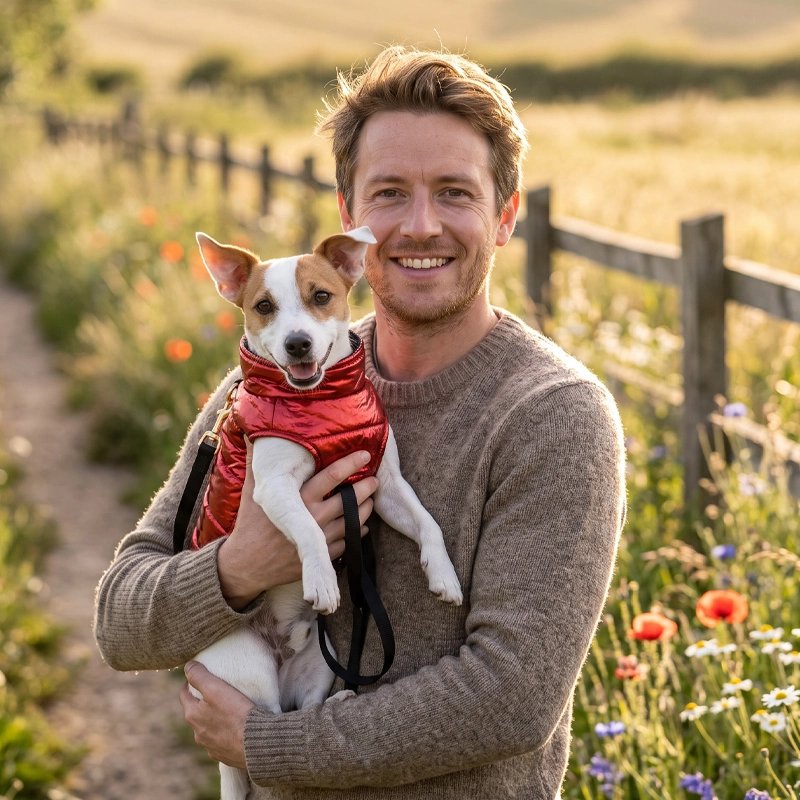 Manteau Chien rouge porté par un petit chien dans un chemin fleuri