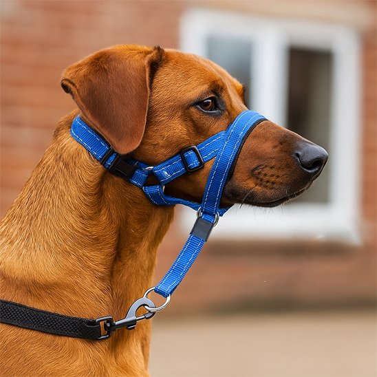 Muselière chien bleue portée par un chien brun (Labrador/Rhodesian Ridgeback) en extérieur, sangle ajustée sur le museau et derrière les oreilles