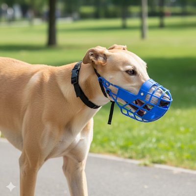 Muselière pour chien bleue portée par un chien beige en promenade au parc