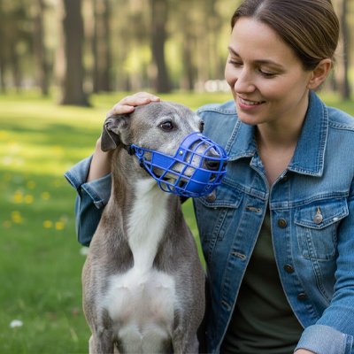 Muselière pour chien bleue portée par un chien gris lors d’une séance de socialisation