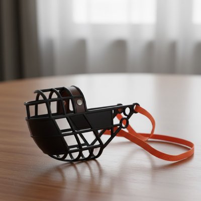 Muselière pour chien noire avec sangles orange posée sur une table en intérieur
