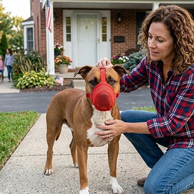 Muselière pour chien rouge ajustée par sa propriétaire sur un chien marron et blanc, devant une maison