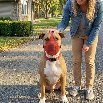 Muselière pour chien rouge portée par un chien assis, propriétaire à ses côtés dans une allée résidentielle