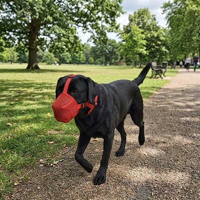Muselière pour chien rouge sur un Labrador noir en pleine marche dans un parc verdoyant
