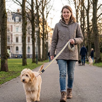 Personne marchant un chien clair avec une laisse pour chien dans un parc urbain aux arbres dénudés.
