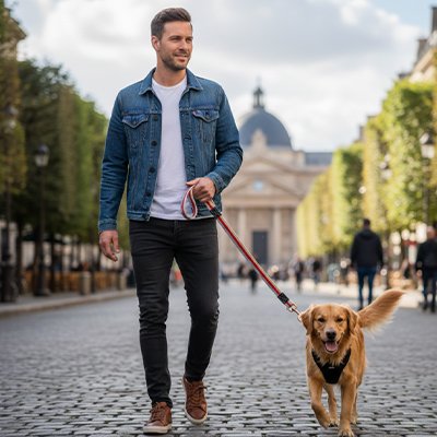Personne marchant un golden retriever avec une laisse pour chien rouge dans une rue pavée bordée d’arbres.
