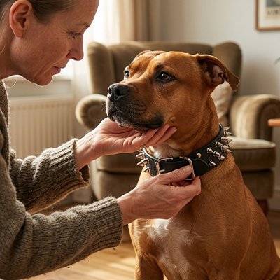 Personne tenant doucement la tête d’un chien brun portant un collier en cuir pour chien noir à pointes dans un salon.