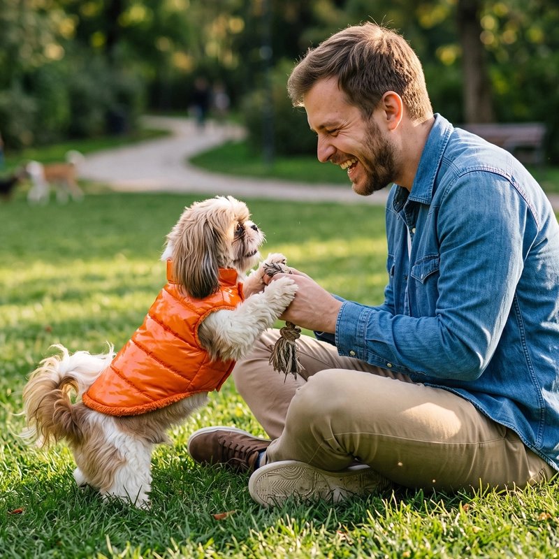 Petit chien avec manteau chien orange jouant avec une personne dans un parc.