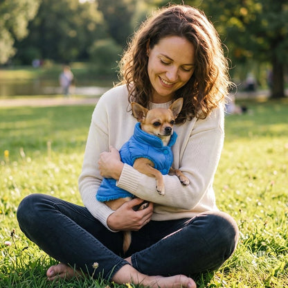 Petit chien en manteau chien bleu dans les bras d’une personne assise sur l’herbe.