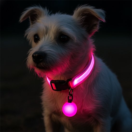 Petit chien portant un collier lumineux pour chien rose la nuit.